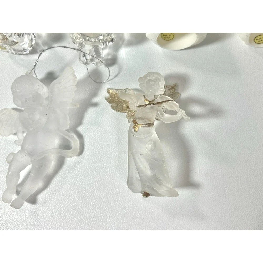 Lot of 9 Cherub Angel Christmas Ornaments Frosted White Gold Trim Heaven Plastic